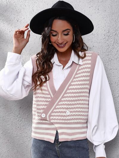 Striped Button Up V-Neck Sweater Vest - Premium from Trendsi - Just $24! Shop now at ZLA