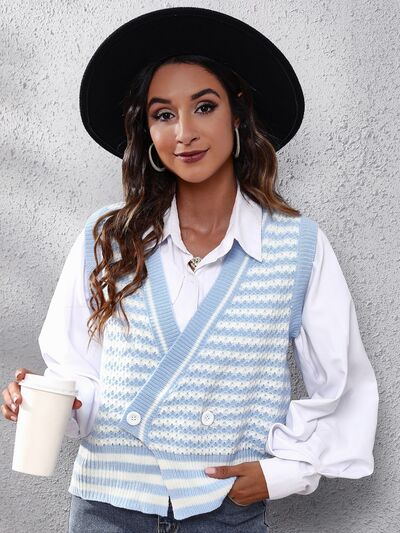 Striped Button Up V-Neck Sweater Vest - Premium from Trendsi - Just $24! Shop now at ZLA