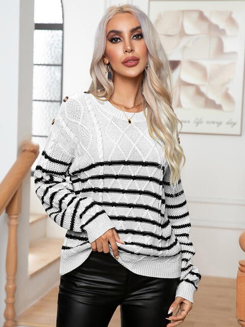 Striped Round Neck Cable-Knit Sweater - Premium from Trendsi - Just $31! Shop now at ZLA