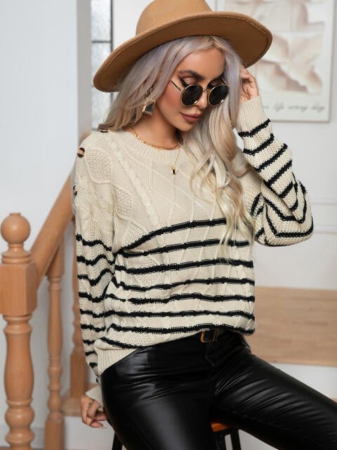 Striped Round Neck Cable-Knit Sweater - Premium from Trendsi - Just $31! Shop now at ZLA