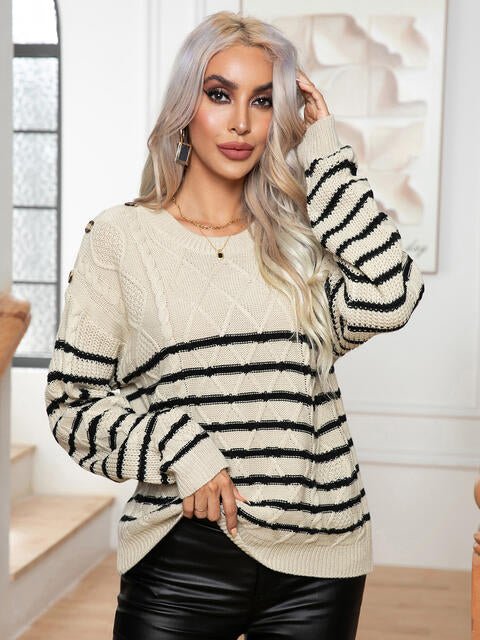 Striped Round Neck Cable-Knit Sweater - Premium from Trendsi - Just $31! Shop now at ZLA