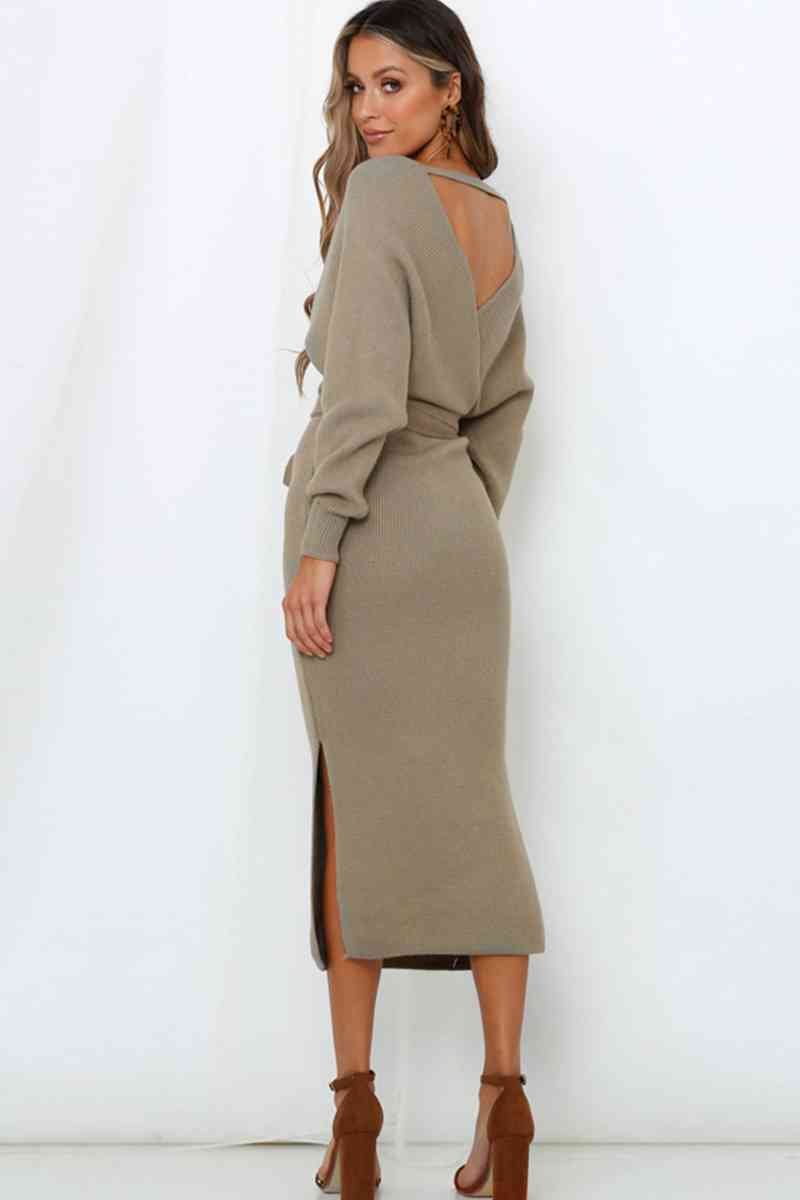 Surplice Neck Bow Waist Slit Sweater Dress - Premium from Trendsi - Just $44! Shop now at ZLA