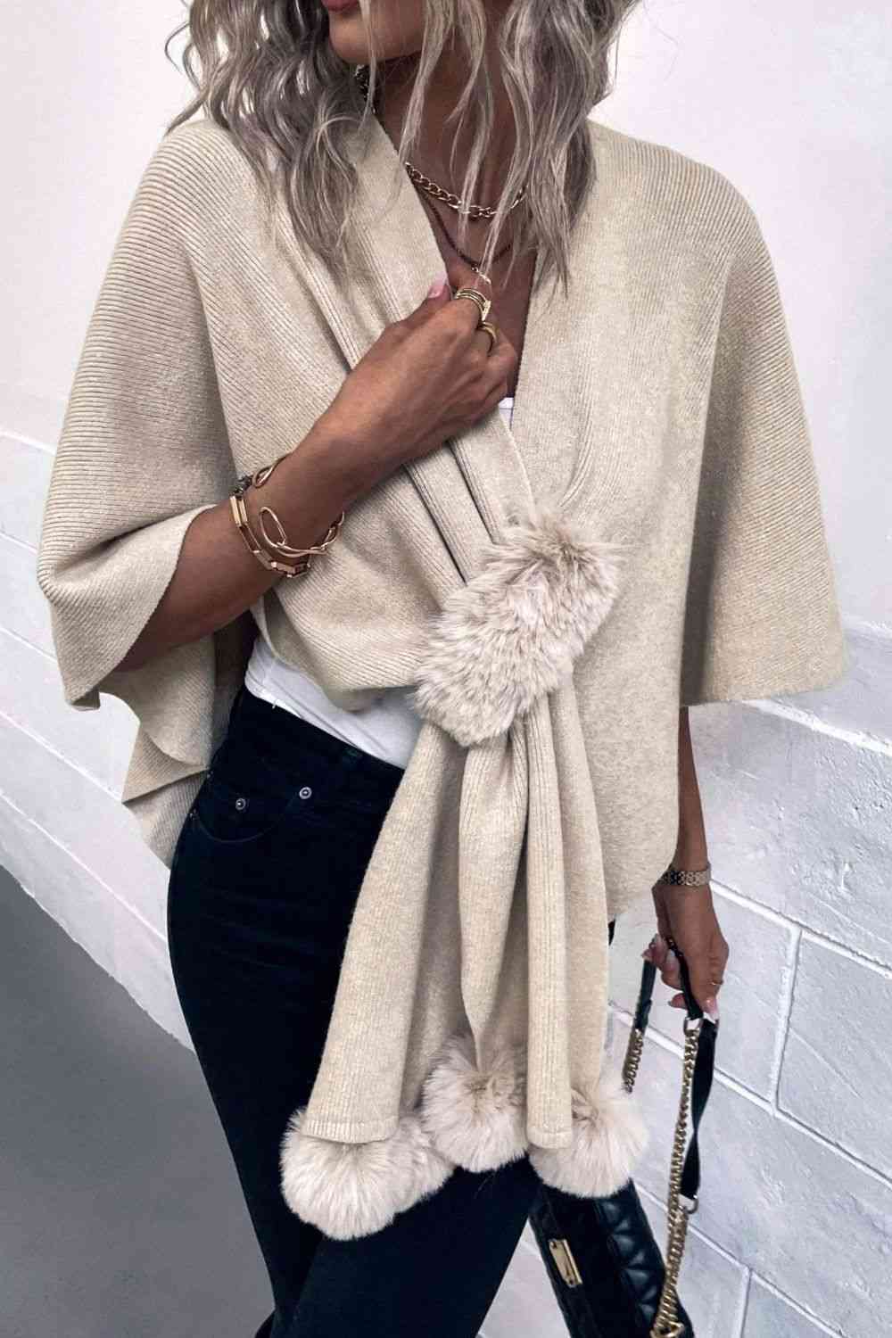 Surplice Neck Pom-Pom Trim Poncho - Premium from Trendsi - Just $43! Shop now at ZLA