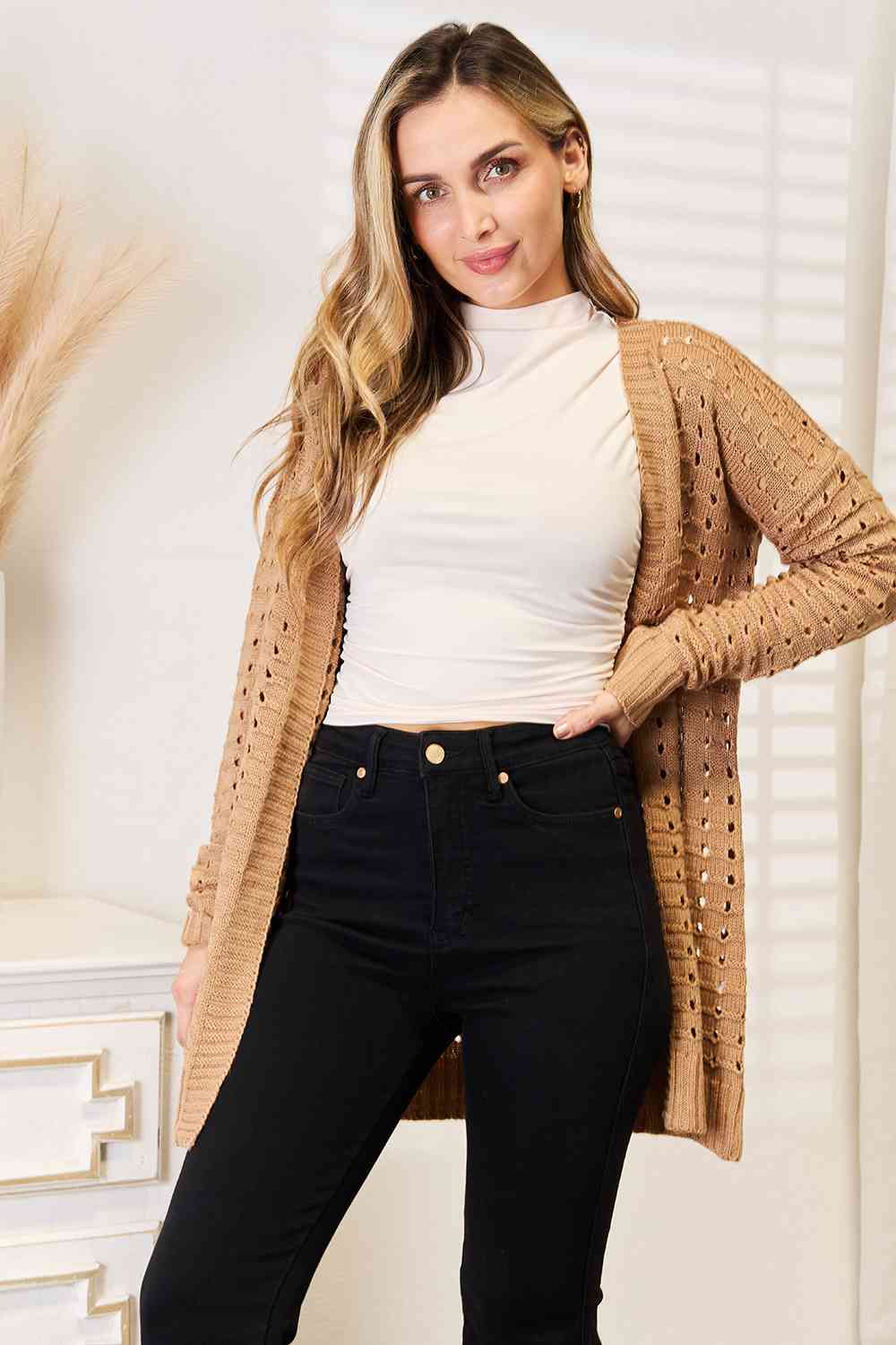 Woven Right Openwork Horizontal Ribbing Open Front Cardigan - Premium from Trendsi - Just $35! Shop now at ZLA