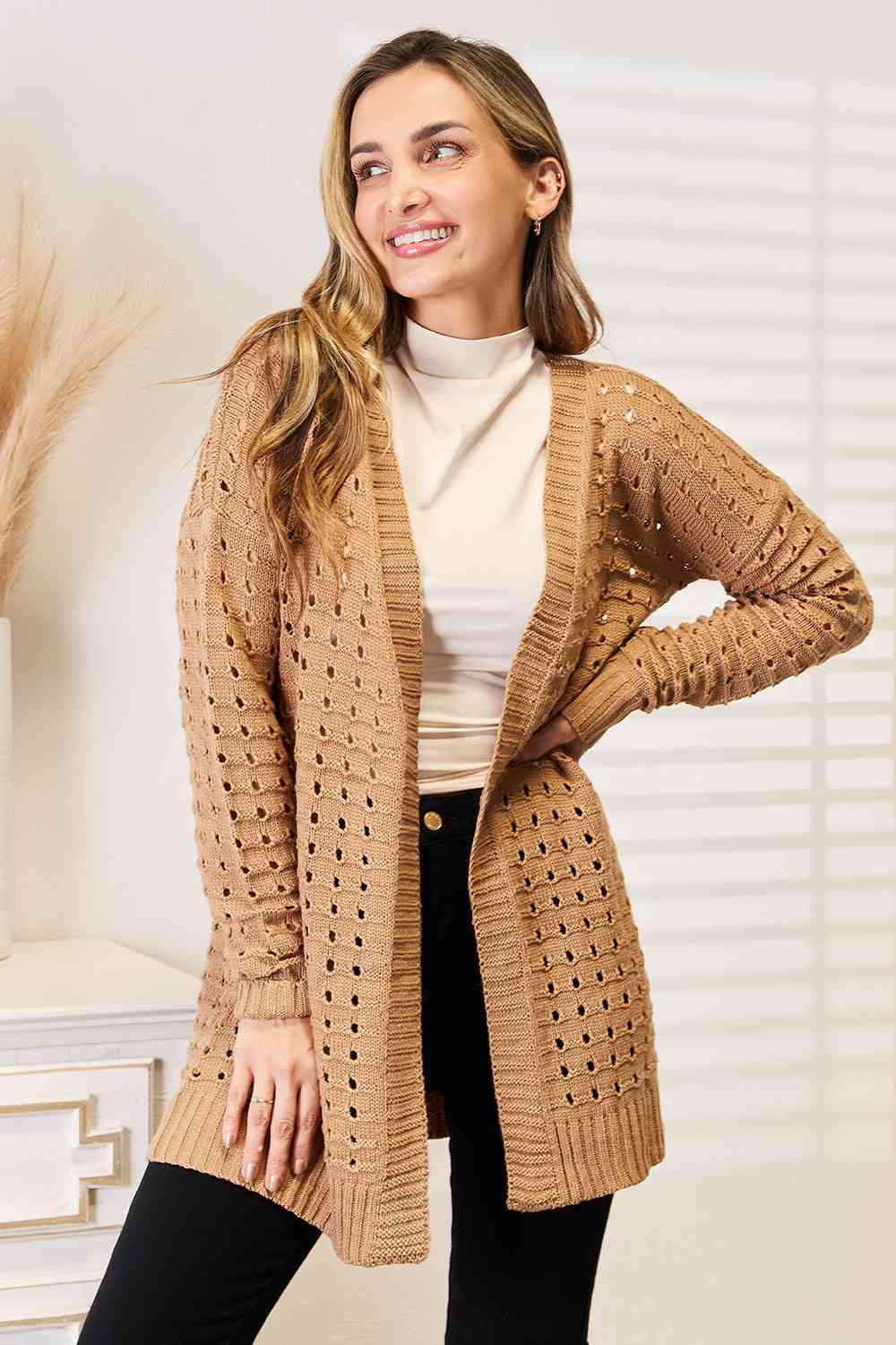 Woven Right Openwork Horizontal Ribbing Open Front Cardigan - Premium from Trendsi - Just $35! Shop now at ZLA