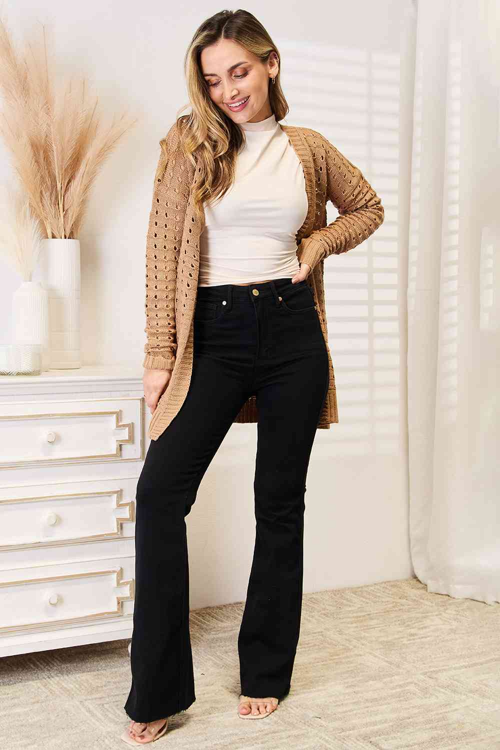 Woven Right Openwork Horizontal Ribbing Open Front Cardigan - Premium from Trendsi - Just $35! Shop now at ZLA