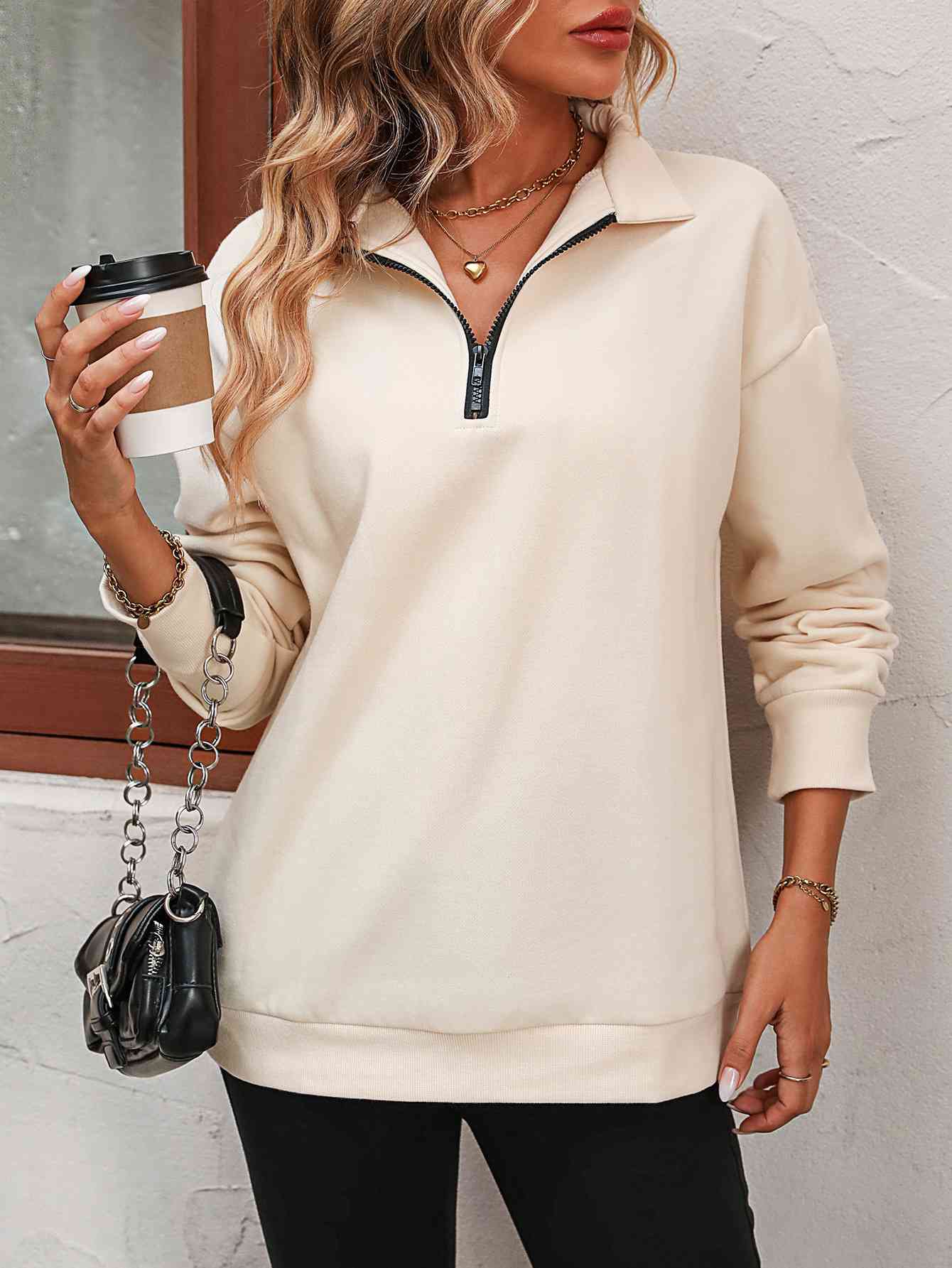 Zip-Up Dropped Shoulder Sweatshirt - Premium from Trendsi - Just $29! Shop now at ZLA