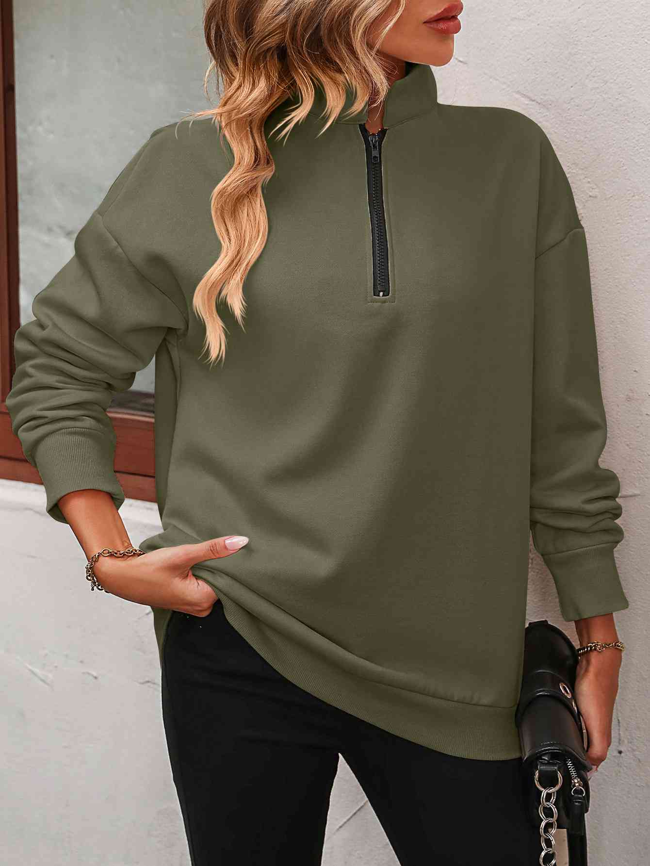 Zip-Up Dropped Shoulder Sweatshirt - Premium from Trendsi - Just $29! Shop now at ZLA