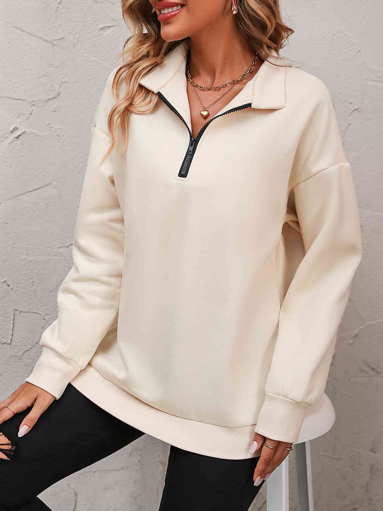 Zip-Up Dropped Shoulder Sweatshirt - Premium from Trendsi - Just $29! Shop now at ZLA