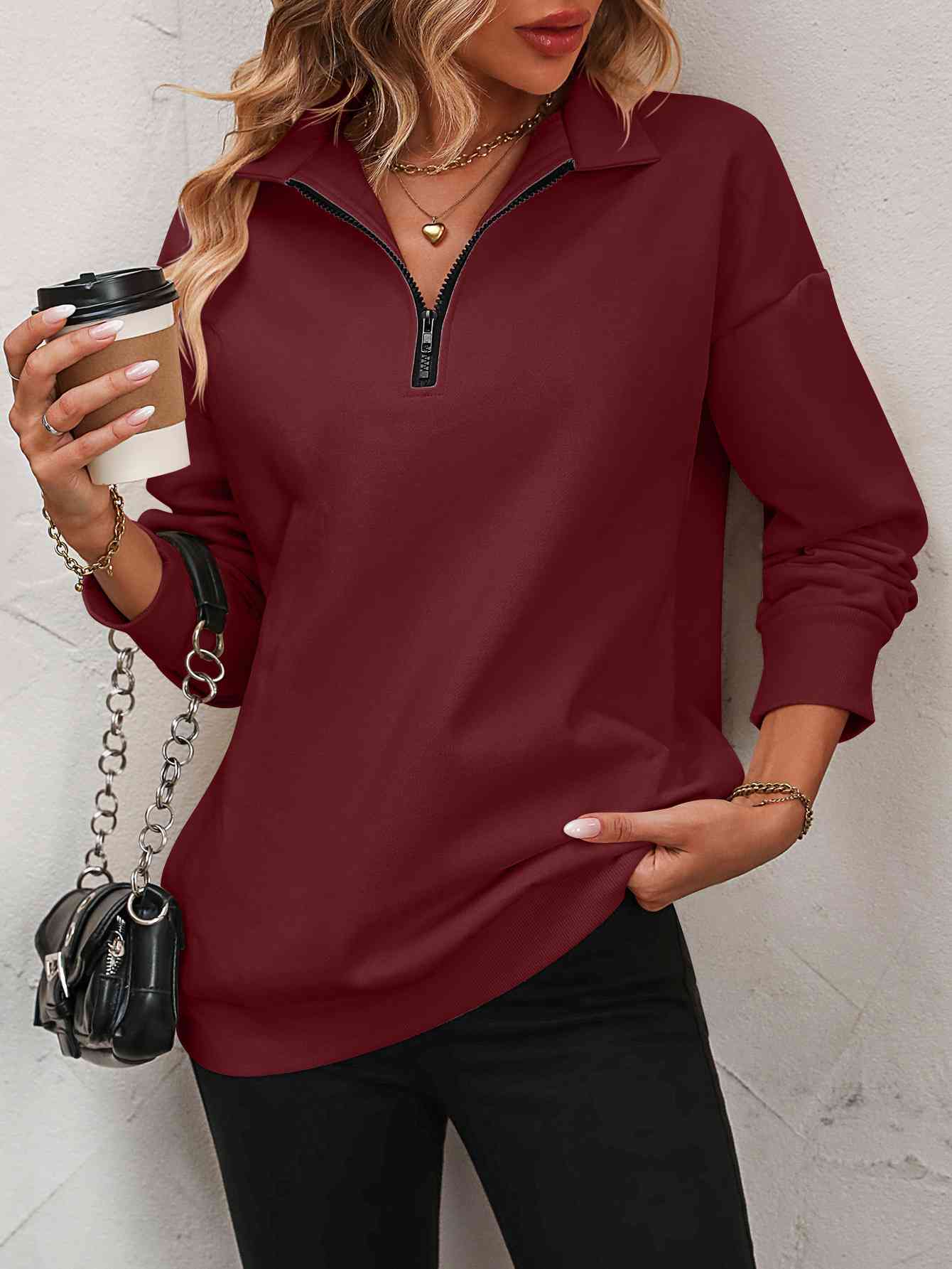 Zip-Up Dropped Shoulder Sweatshirt - Premium from Trendsi - Just $29! Shop now at ZLA