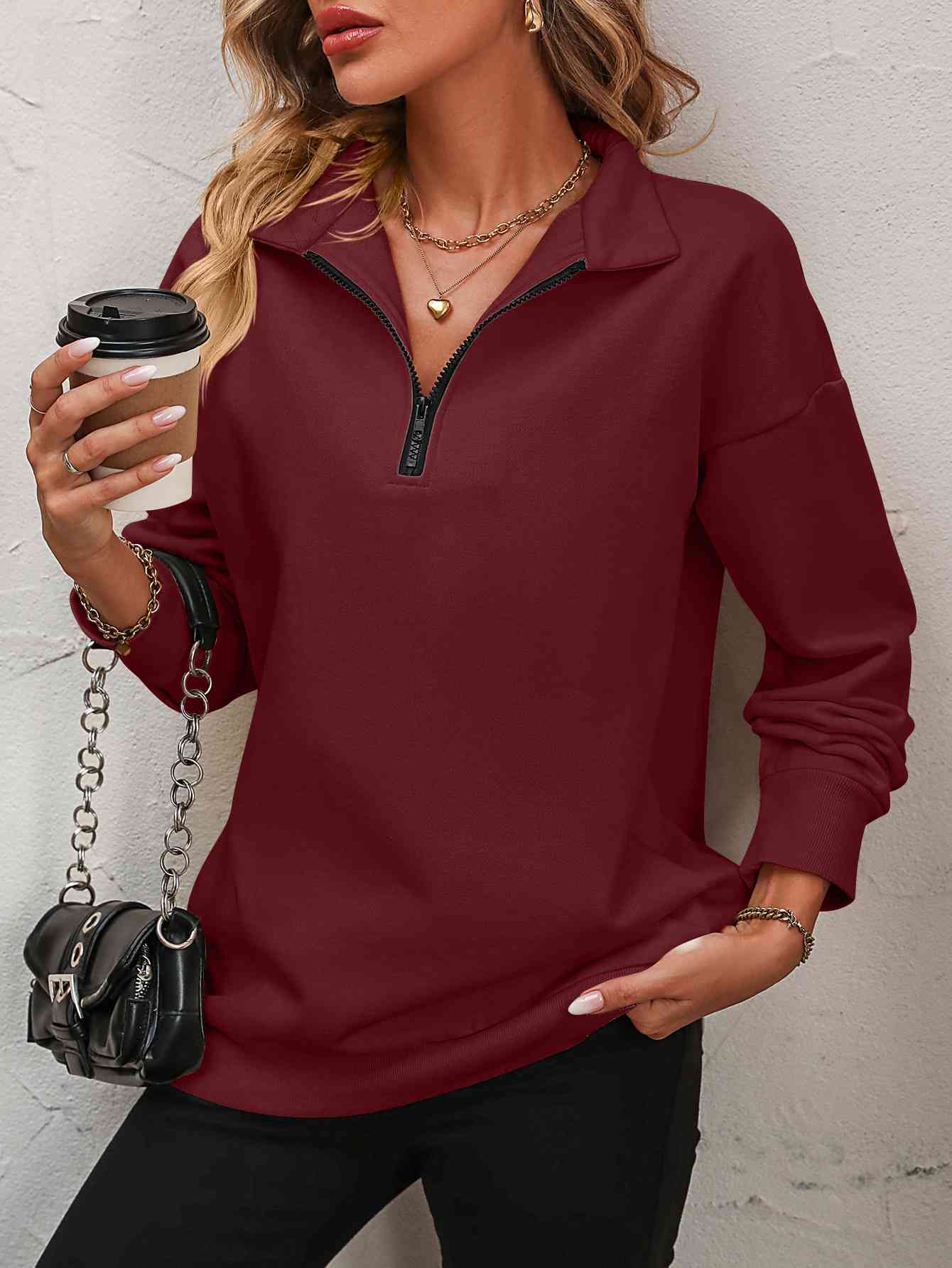 Zip-Up Dropped Shoulder Sweatshirt - Premium from Trendsi - Just $29! Shop now at ZLA