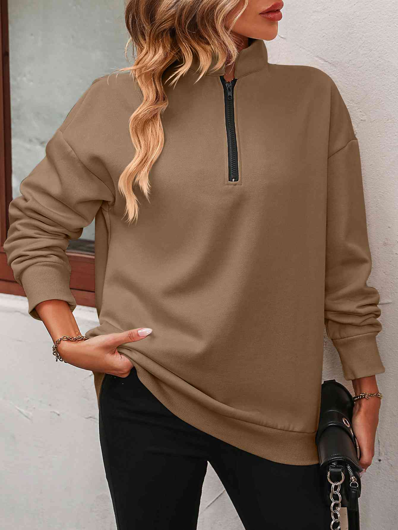 Zip-Up Dropped Shoulder Sweatshirt - Premium from Trendsi - Just $29! Shop now at ZLA