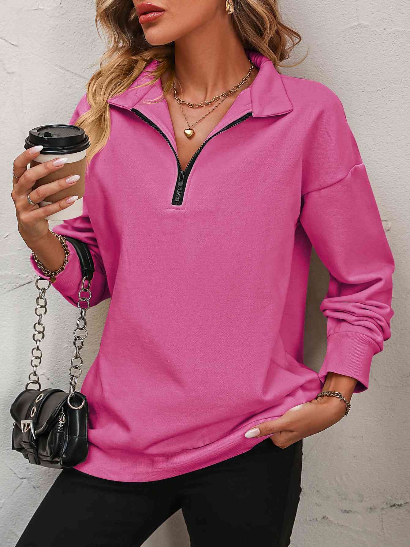 Zip-Up Dropped Shoulder Sweatshirt - Premium from Trendsi - Just $29! Shop now at ZLA