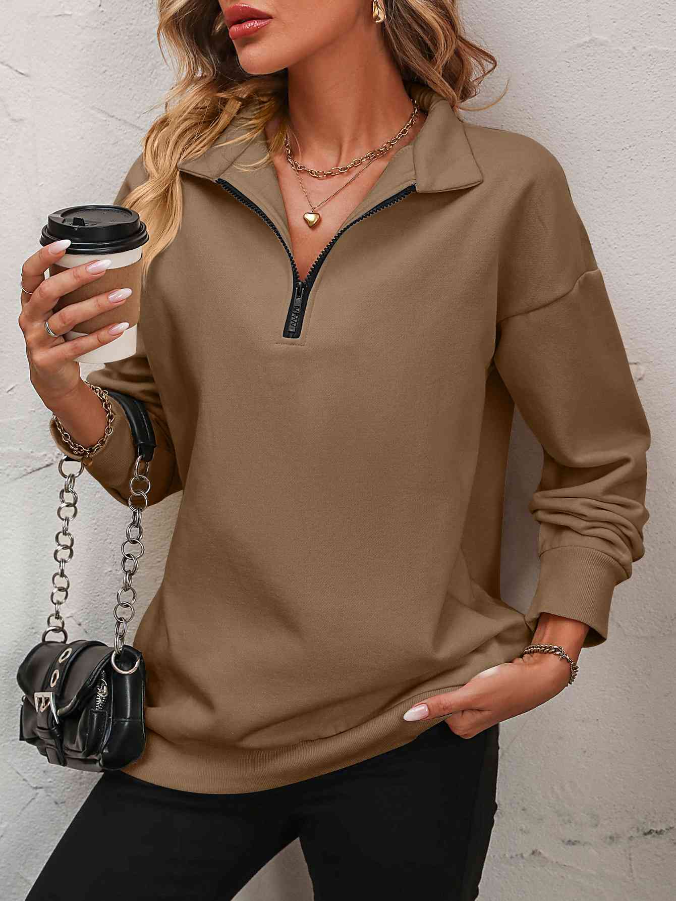 Zip-Up Dropped Shoulder Sweatshirt - Premium from Trendsi - Just $29! Shop now at ZLA
