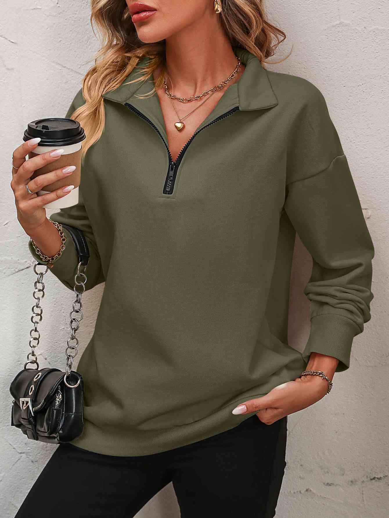 Zip-Up Dropped Shoulder Sweatshirt - Premium from Trendsi - Just $29! Shop now at ZLA