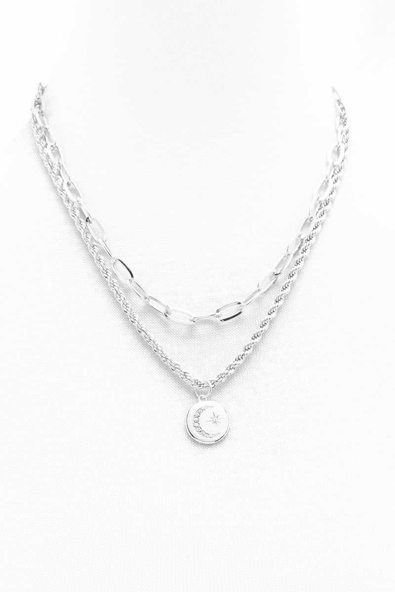2 Layered Metal Chain Round Pendant Necklace - ZLA
