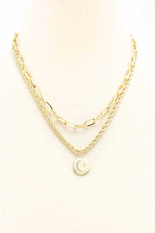 2 Layered Metal Chain Round Pendant Necklace - ZLA