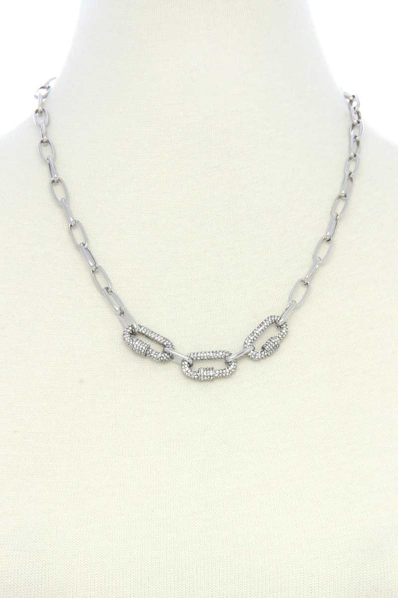 3 Screw Lcok Rhinestone Charm Oval Link Metal Necklace - ZLA