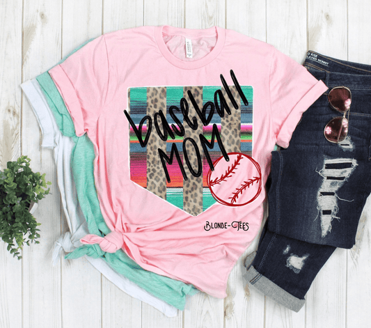 Baseball Mom w/ Serape & Leopard Homeplate & Baseball - 3 Color Options - Premium  from Blonde Tees - Just $25! Shop now at ZLA