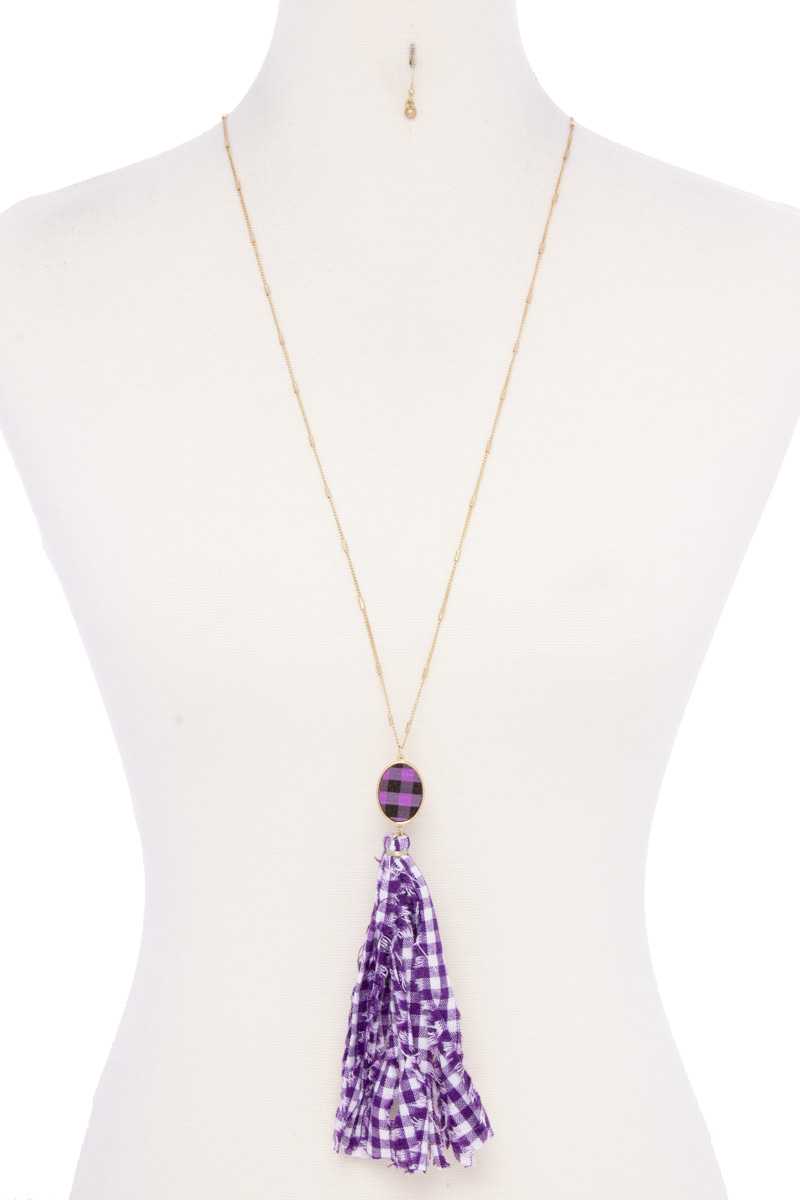 Checkered Pattern Fabric Tassel Necklace - ZLA