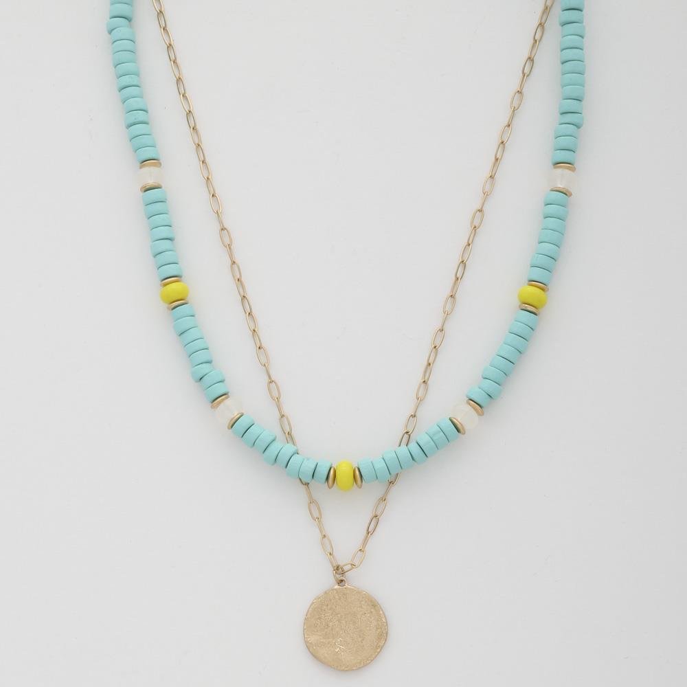 Coin Wood Bead Layered Necklace - ZLA