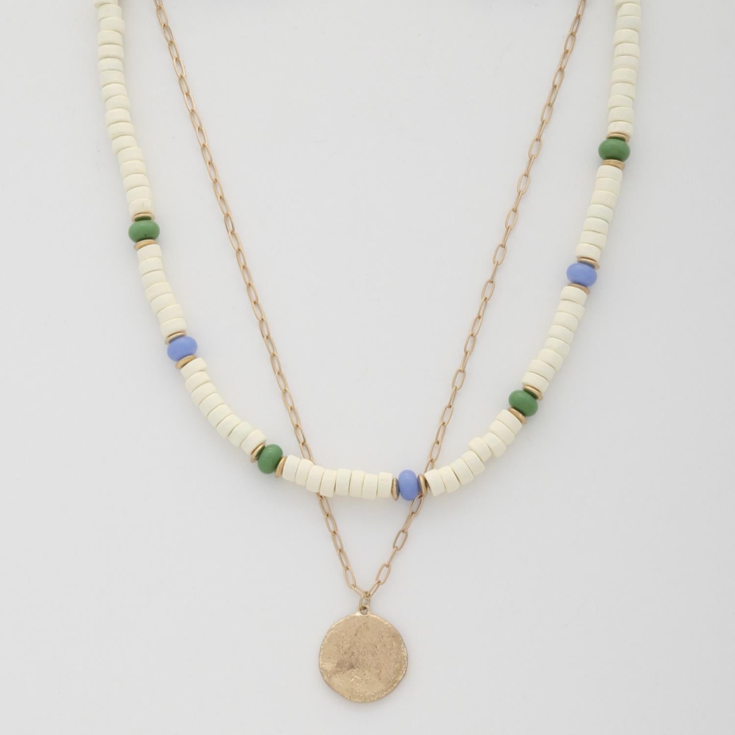 Coin Wood Bead Layered Necklace - ZLA