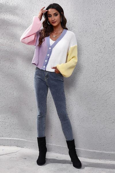 Color Block Button Up V-Neck Knit Top - Premium  from Trendsi - Just $30! Shop now at ZLA