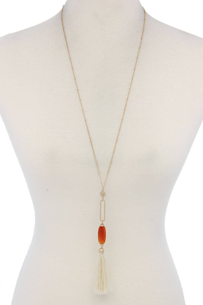 Cut Out Long Oval Bead Tassel Pendant Necklace - ZLA