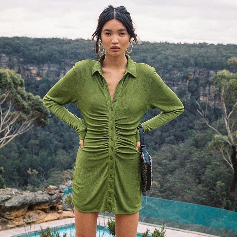 Down Collar Ruched Shirt Dress - ZLA