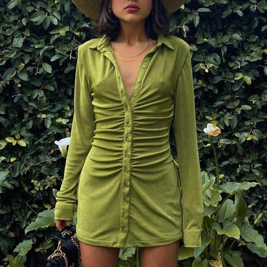 Down Collar Ruched Shirt Dress - ZLA