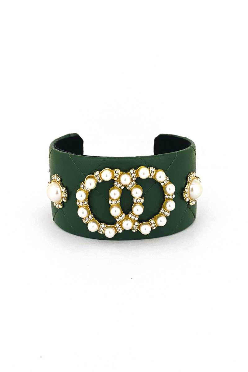 Fashion Pearl Double Round Studded Faux Leather Cuff Bracelet - ZLA