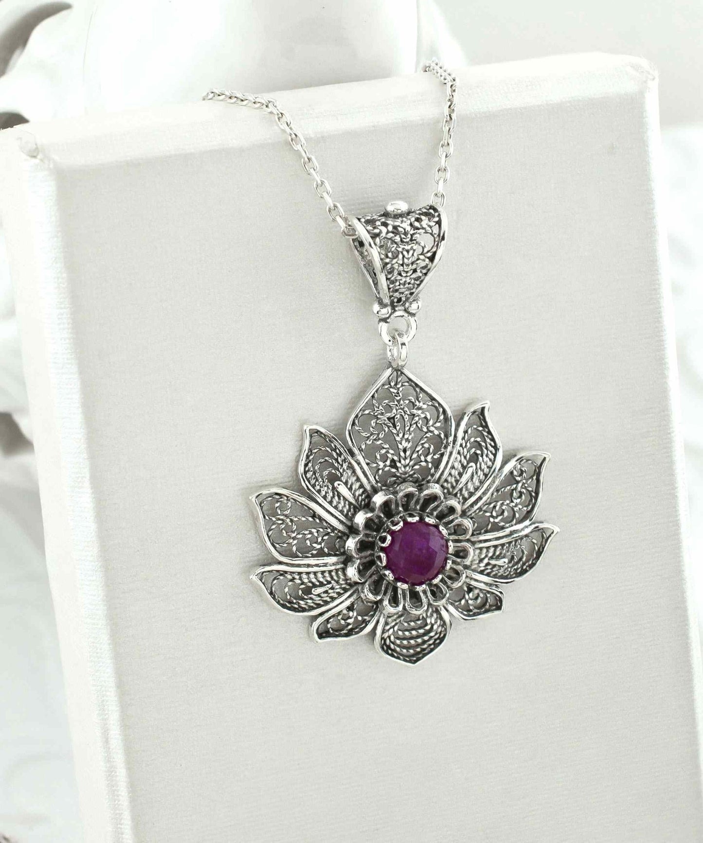 Filigree Art Silver Lotus Flower Ruby Corundum Gemstone Women Pendant - Premium Jewelry & Watches from Scarlet Corydalis - Just $25.27! Shop now at ZLA