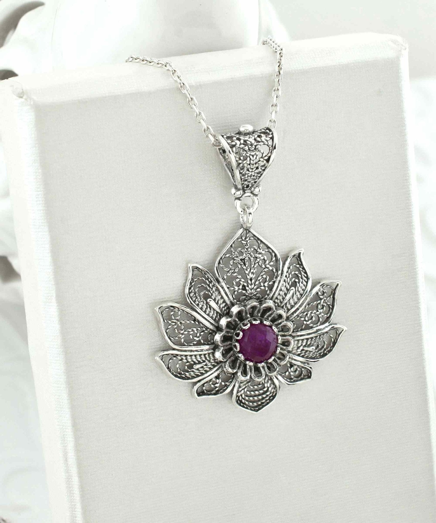 Filigree Art Silver Lotus Flower Ruby Corundum Gemstone Women Pendant - Premium Jewelry & Watches from Scarlet Corydalis - Just $25.27! Shop now at ZLA