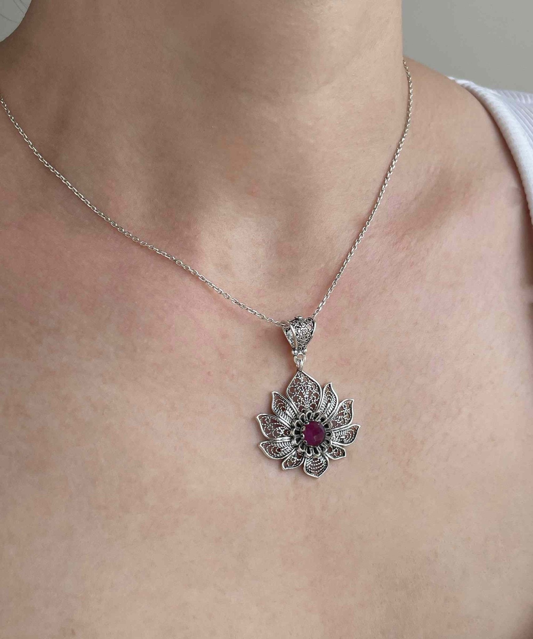 Filigree Art Silver Lotus Flower Ruby Corundum Gemstone Women Pendant - Premium Jewelry & Watches from Scarlet Corydalis - Just $25.27! Shop now at ZLA