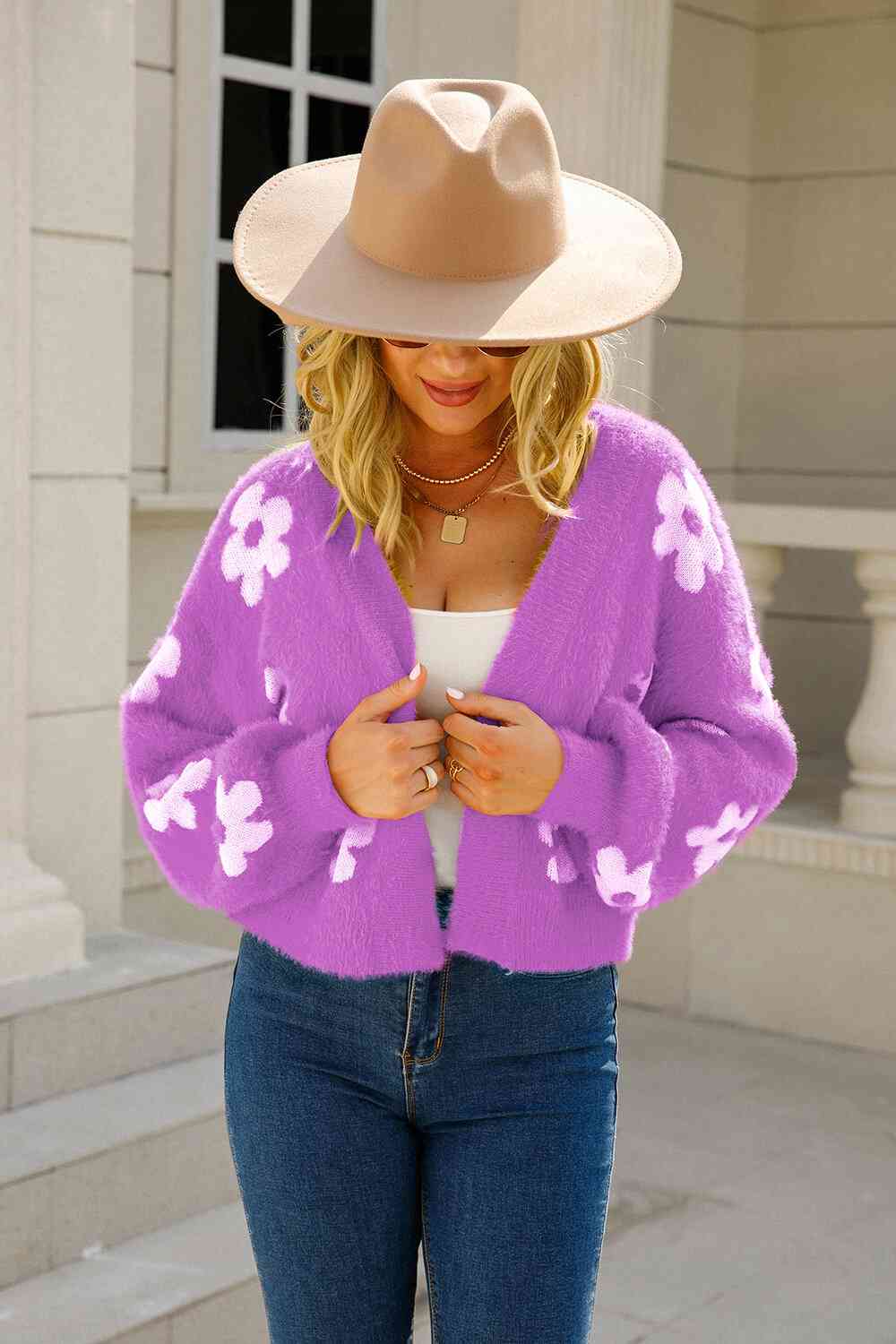 Floral Open Front Fuzzy Cardigan - Premium  from Trendsi - Just $38! Shop now at ZLA