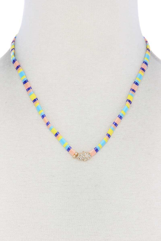 Hamsa Hand Charm Color Block Necklace - ZLA