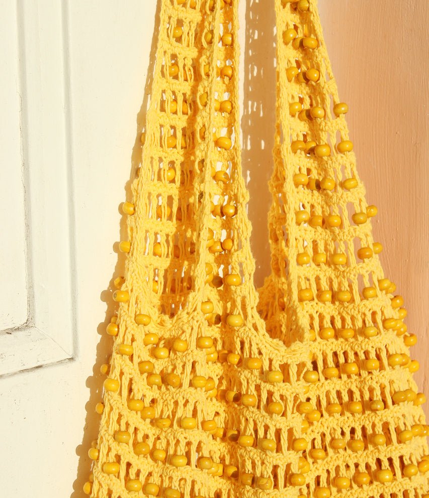 Karma Wooden Beads Crochet Bag in Pale Yellow - Premium  from BrunnaCo - Just $64.50! Shop now at ZLA