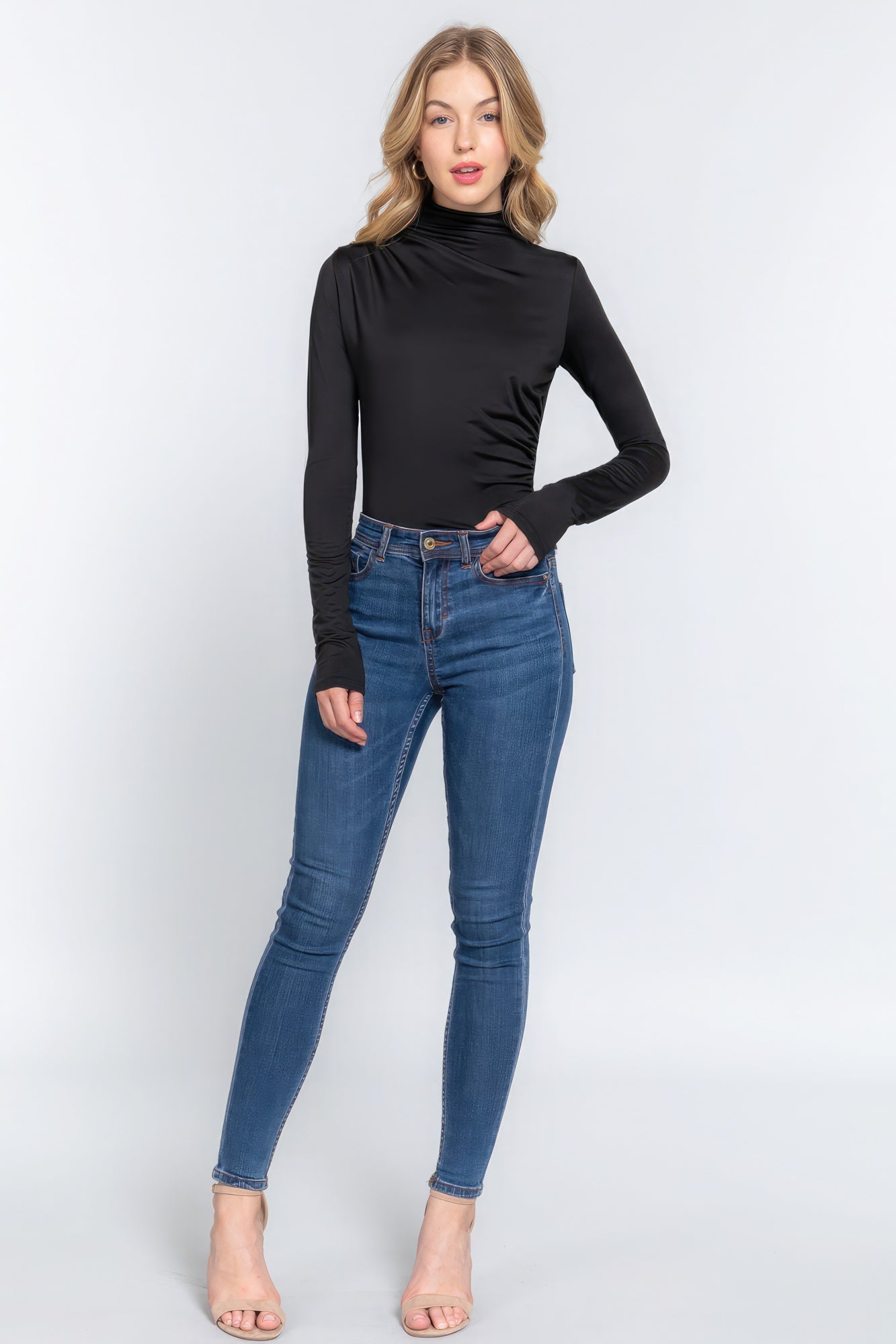 Long Sleeve High Neck Shirring Detail Ity Knit Bodysuit - Premium  from ZLA - Just $12! Shop now at ZLA