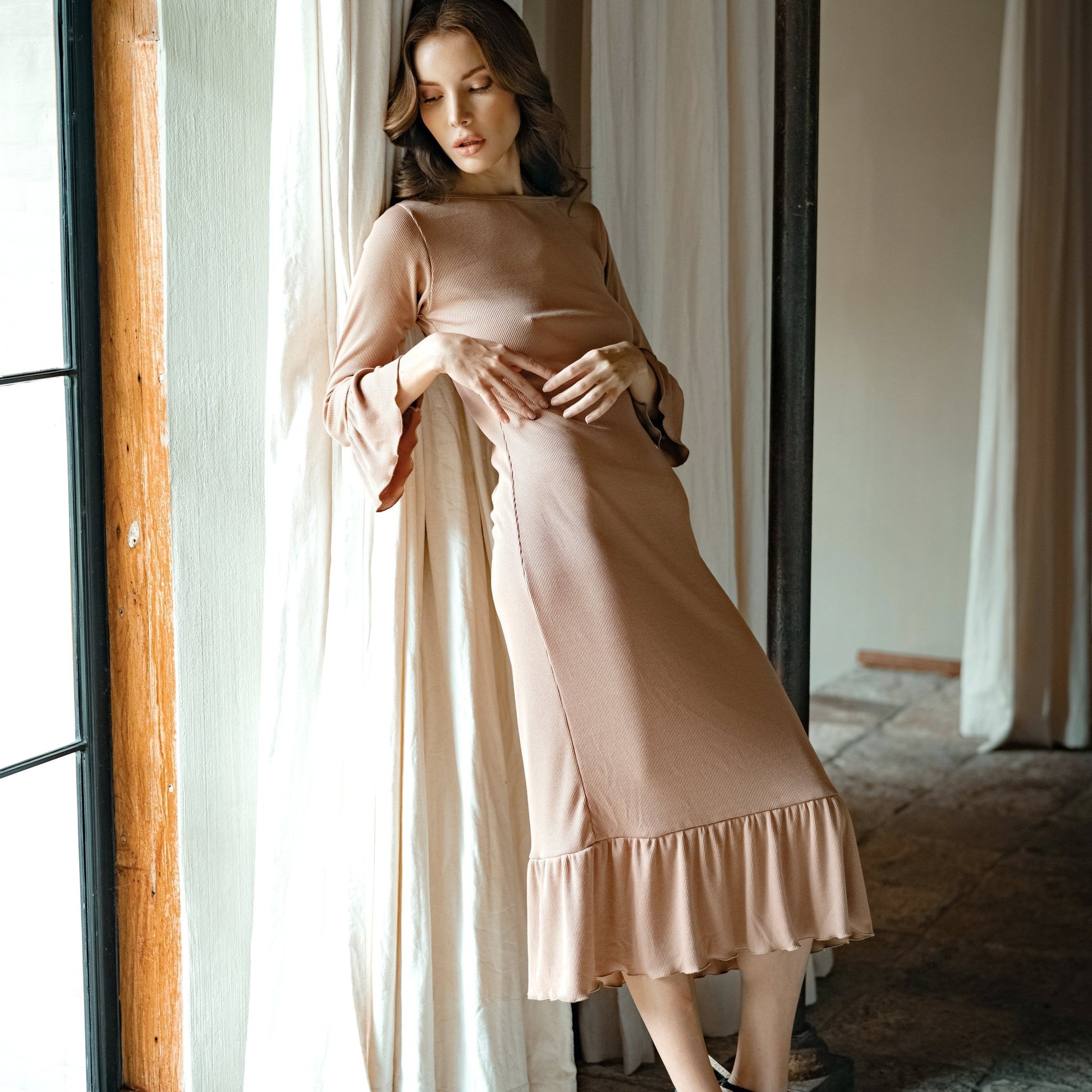 MARJORIE Ruffle Rib Dress, in Camel Brown - Premium  from BrunnaCo - Just $127.50! Shop now at ZLA
