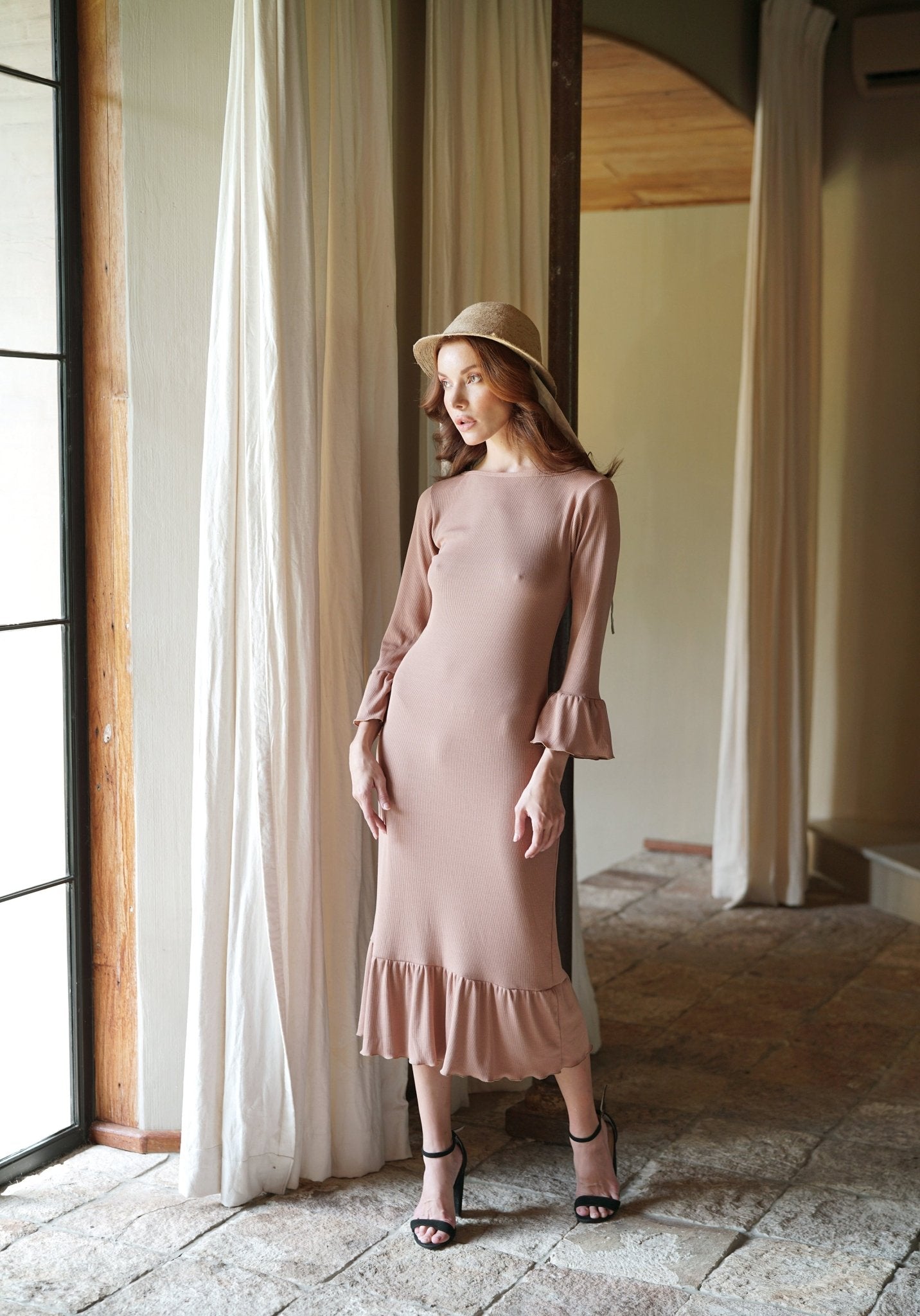 MARJORIE Ruffle Rib Dress, in Camel Brown - Premium  from BrunnaCo - Just $127.50! Shop now at ZLA