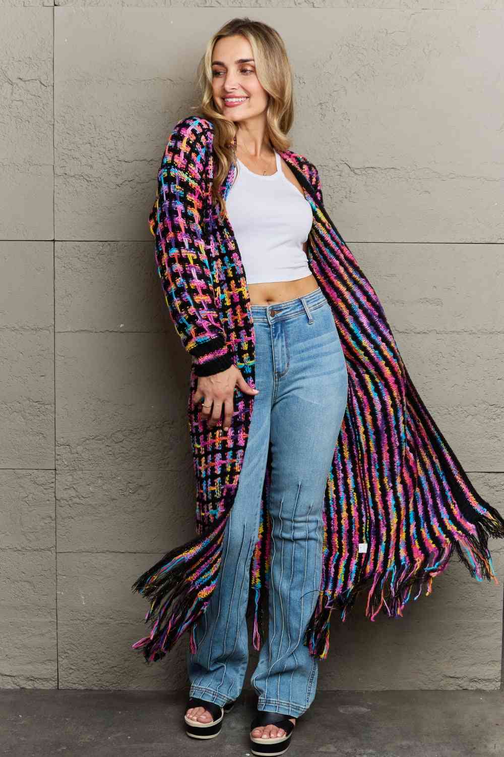 Multicolored Open Front Fringe Hem Cardigan - Premium  from Trendsi - Just $52! Shop now at ZLA