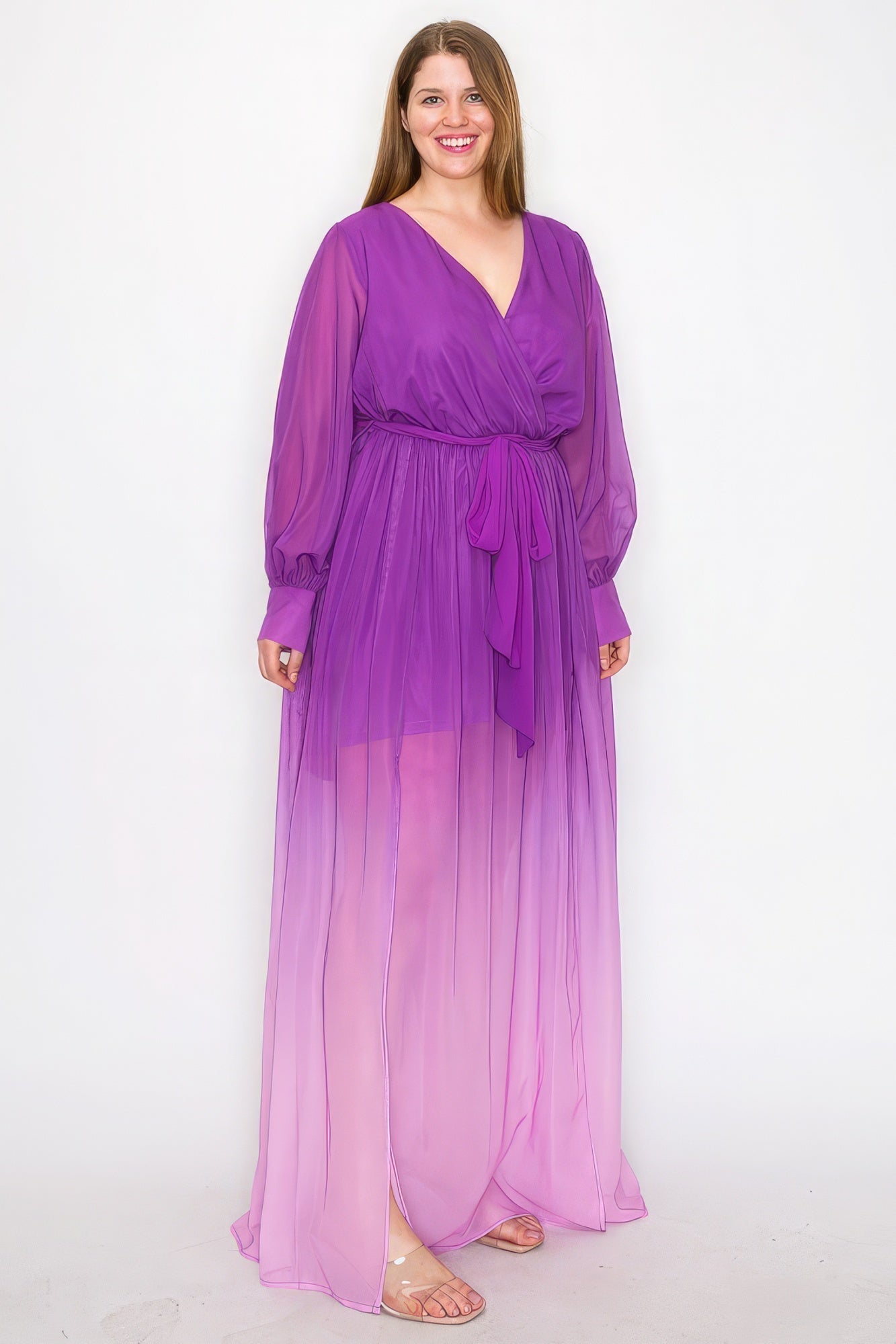 Ombre Chiffon Wrap Front Long Sleeve Tie Waist Slit Front Maxi Dress - Premium  from ZLA - Just $77! Shop now at ZLA