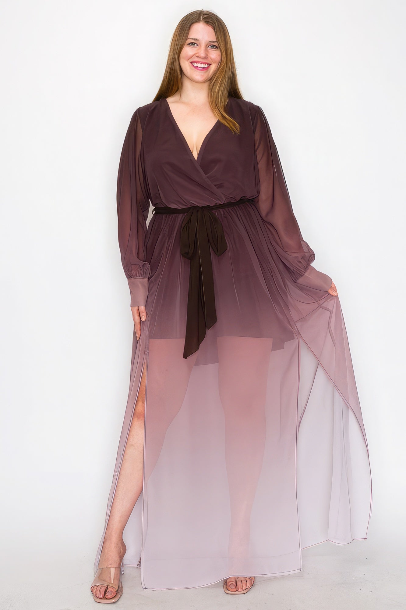 Ombre Chiffon Wrap Front Long Sleeve Tie Waist Slit Front Maxi Dress - Premium  from ZLA - Just $77! Shop now at ZLA