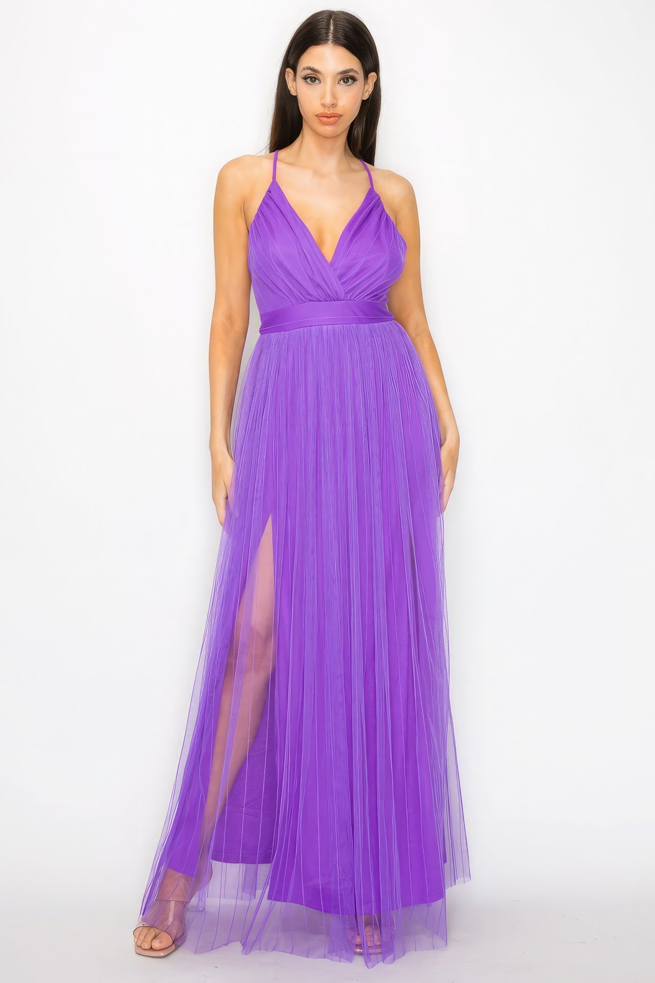 Pleated Mesh Slit Maxi Dress - Premium  from ZLA - Just $21.50! Shop now at ZLA