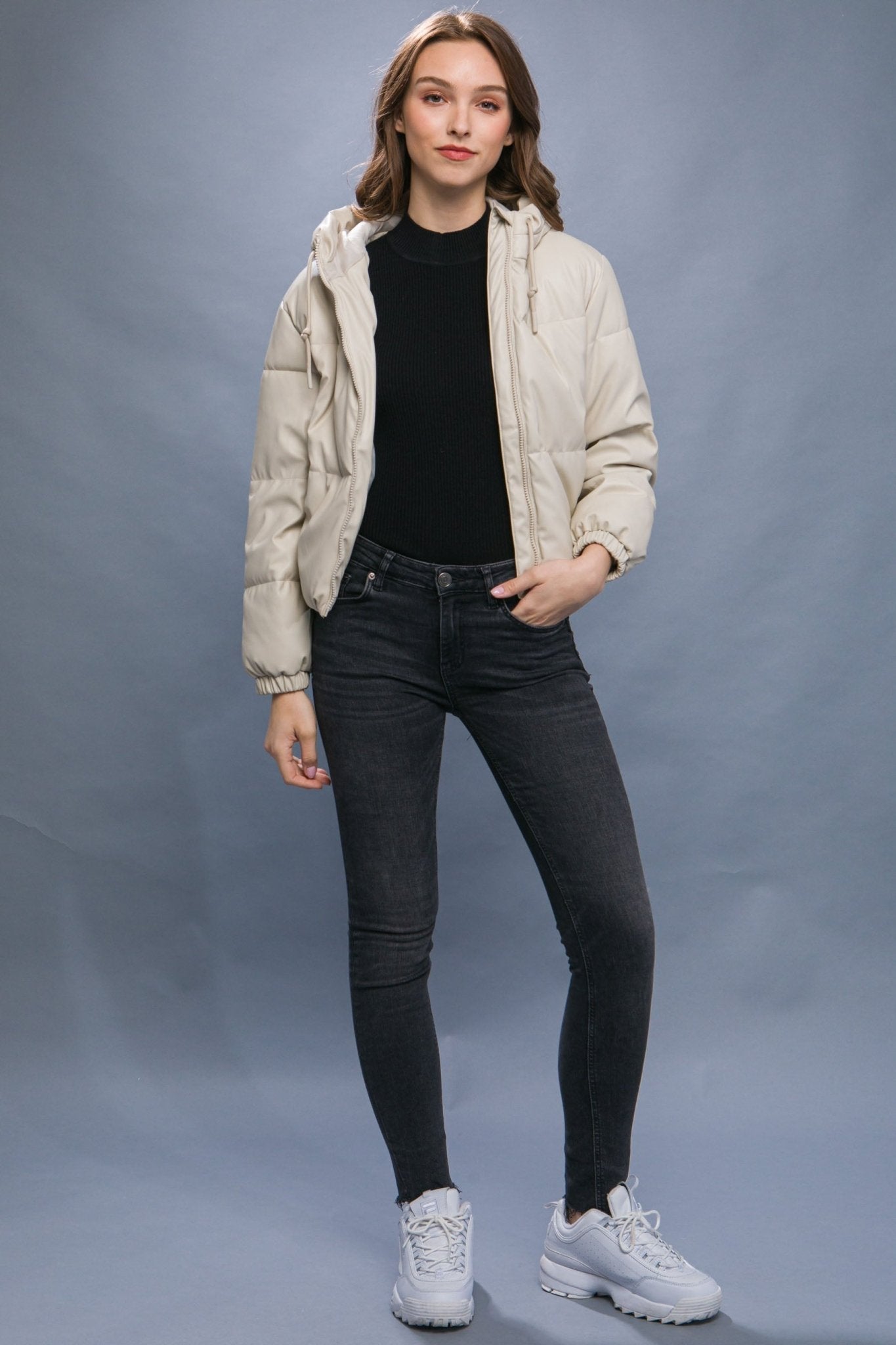 Pu Faux Leather Zipper Hooded Puffer Jacket - Premium  from ZLA - Just $40.50! Shop now at ZLA