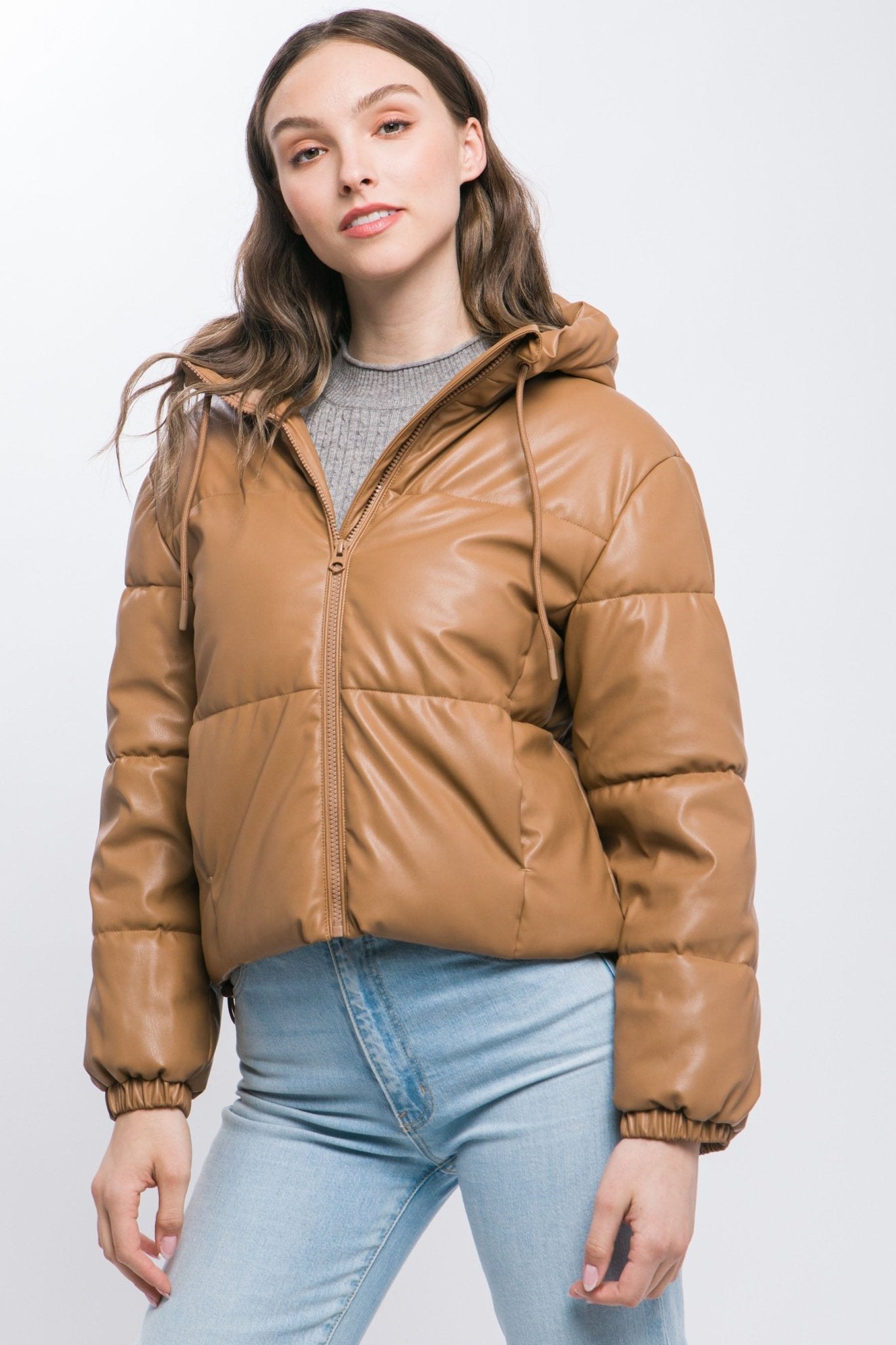 Pu Faux Leather Zipper Hooded Puffer Jacket - Premium  from ZLA - Just $40.50! Shop now at ZLA