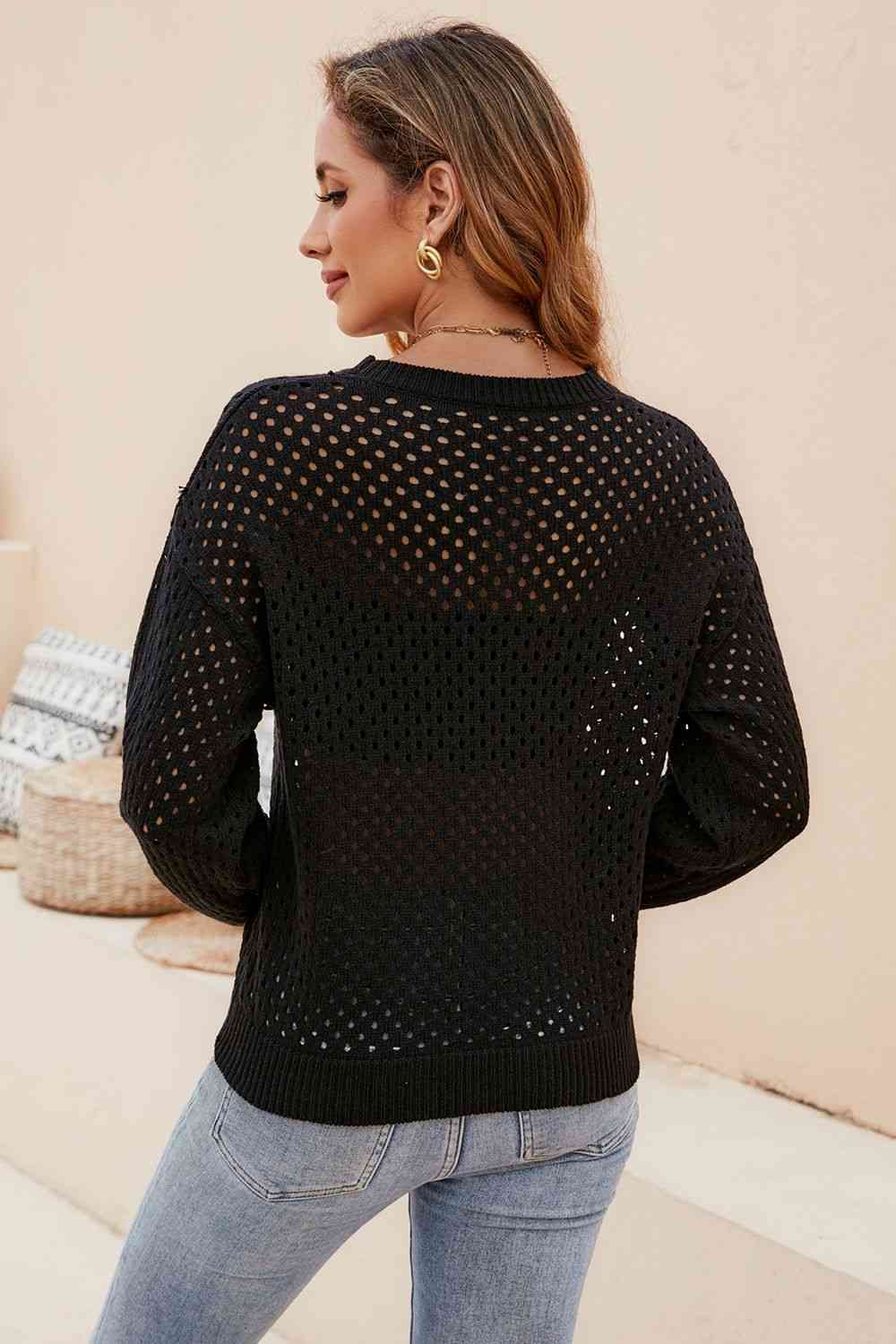 Round Neck Openwork Dropped Shoulder Knit Top - Premium  from Trendsi - Just $31! Shop now at ZLA