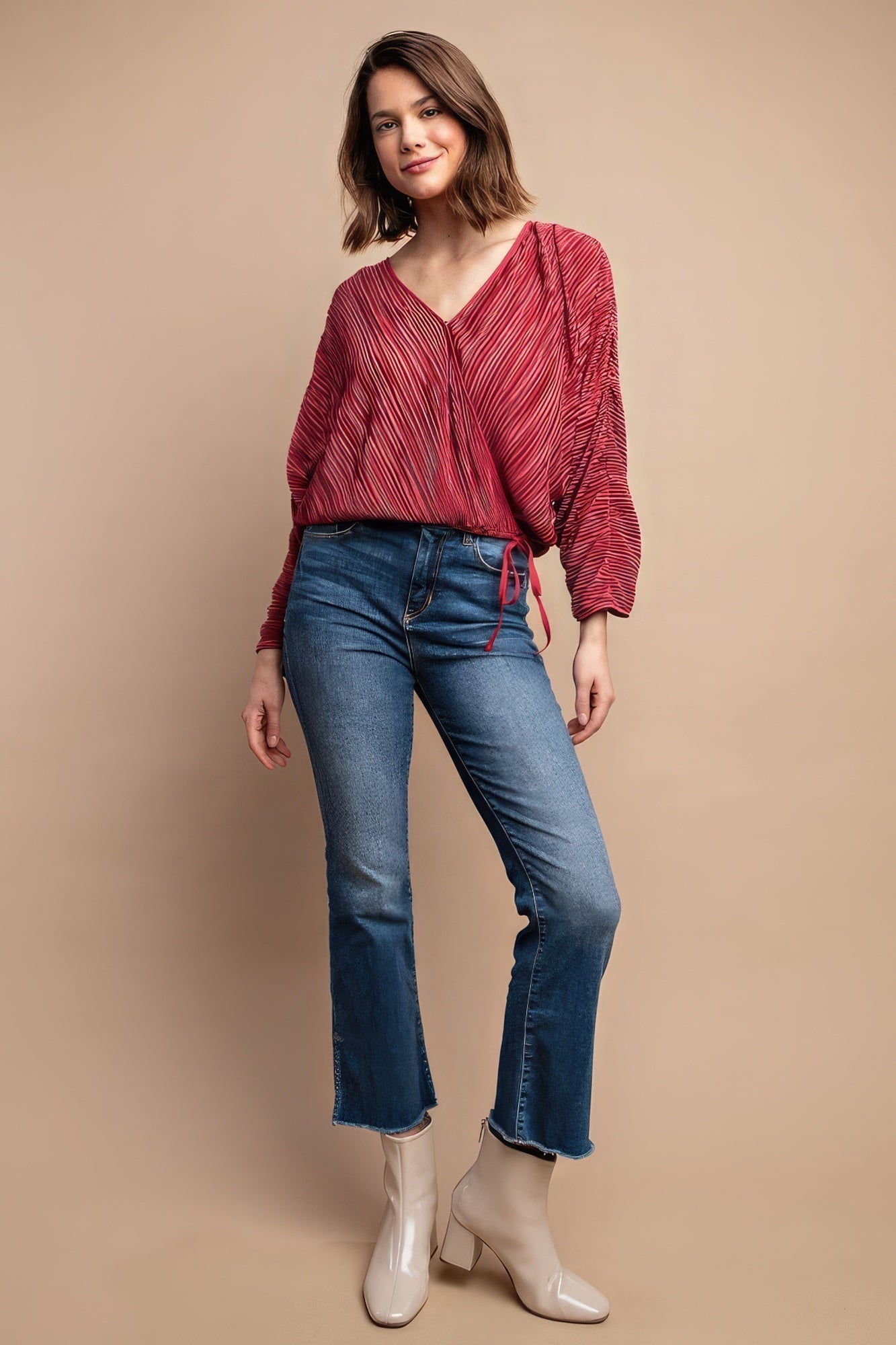Satin Pleated Drawstring Top With Snap Button - Premium  from ZLA - Just $44! Shop now at ZLA