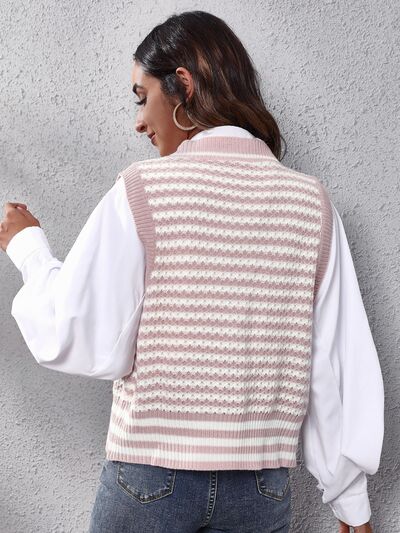 Striped Button Up V-Neck Sweater Vest - Premium  from Trendsi - Just $24! Shop now at ZLA
