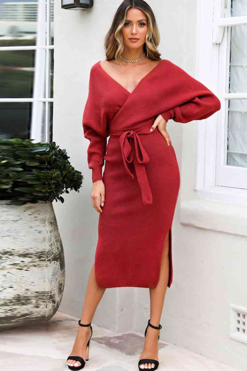 Surplice Neck Bow Waist Slit Sweater Dress - Premium  from Trendsi - Just $44! Shop now at ZLA